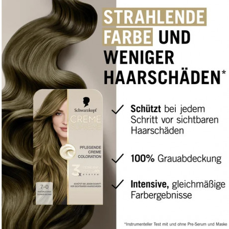 Schwarzkopf Creme Supreme Pflegende Coloration 7-0 Natuerliches Dunkelblond, 1 St., Schwarzkopf Creme Supreme стойкая крем-краска для волос 7-0 Натуральный темный блонд, 1 шт.