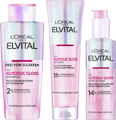 L'Oreal Paris Elvital Glycolic Gloss Vorteilsset, 3 Produkte, gesamt 500 ml, Набор для гладкости и блеска тусклых волос с гликолевой кислотой, шампунь, кондиционер и несмываемая сыворотка, 3 средства, общий объём 500 мл