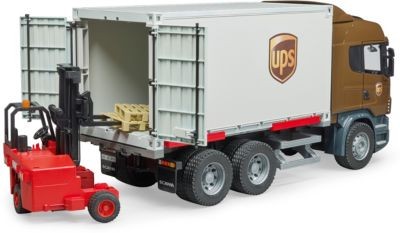 Bruder Scania R-Serie UPS Logistik-LKW m. Stap Логистический грузовик Scania R-series UPS со штабелем