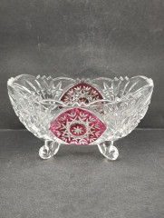 Салатница винтажная Anna Hutte на ножках, с красным декором, хрусталь, 15 х 9 см, Германия, 1970-80гг.
