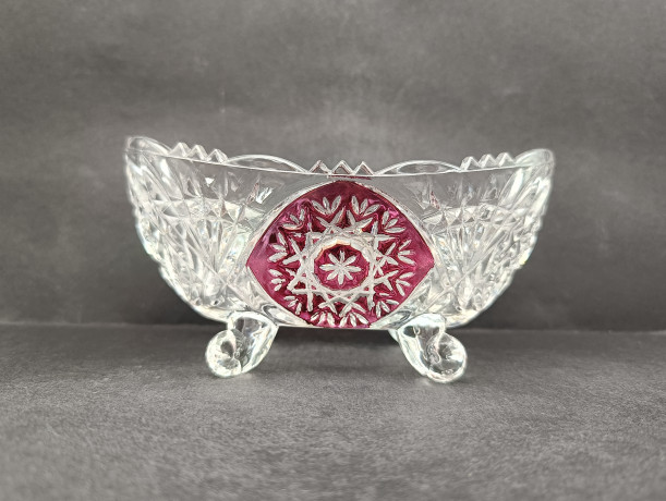 Салатница винтажная Anna Hutte на ножках, с красным декором, хрусталь, 15 х 9 см, Германия, 1970-80гг.