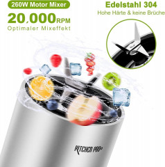 Kitchen Pro + Kitchen Pro + Smoothie-Maker mit 2 To Go Flasche 260W Mixer Blender, 260,00 W, 304-Edelstahl, Leicht zu reinigen, 2 Tritan-Trinkflaschen  Kitchen Pro + прибор для приготовления смузи с 2 бутылками на вынос Миксер-блендер, 260 Вт, 260,00 Вт,