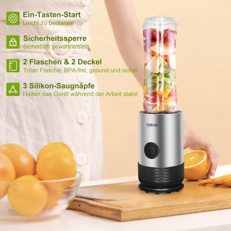Kitchen Pro + Kitchen Pro + Smoothie-Maker mit 2 To Go Flasche 260W Mixer Blender, 260,00 W, 304-Edelstahl, Leicht zu reinigen, 2 Tritan-Trinkflaschen  Kitchen Pro + прибор для приготовления смузи с 2 бутылками на вынос Миксер-блендер, 260 Вт, 260,00 Вт, 