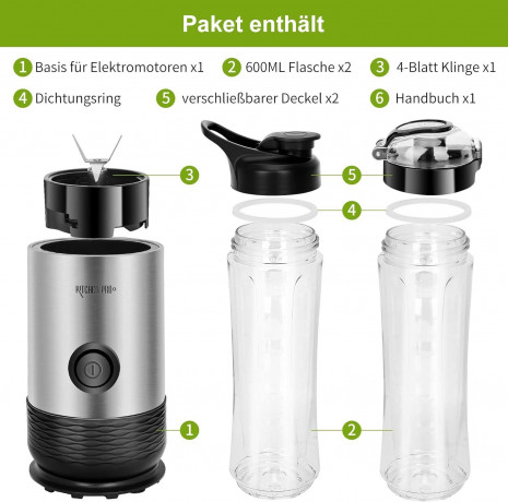 Kitchen Pro + Kitchen Pro + Smoothie-Maker mit 2 To Go Flasche 260W Mixer Blender, 260,00 W, 304-Edelstahl, Leicht zu reinigen, 2 Tritan-Trinkflaschen  Kitchen Pro + прибор для приготовления смузи с 2 бутылками на вынос Миксер-блендер, 260 Вт, 260,00 Вт, 