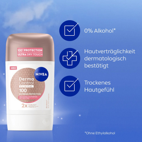 NIVEA Derma Control Clinical Ultra Dry Touch Deo Stick, 50 ml, Нивеа Дезодорант антиперспирант стик, 2x гиалурон и витамин C, 100ч защита, ультра сухость, 50 мл