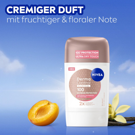 NIVEA Derma Control Clinical Ultra Dry Touch Deo Stick, 50 ml, Нивеа Дезодорант антиперспирант стик, 2x гиалурон и витамин C, 100ч защита, ультра сухость, 50 мл
