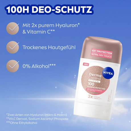 NIVEA Derma Control Clinical Ultra Dry Touch Deo Stick, 50 ml, Нивеа Дезодорант антиперспирант стик, 2x гиалурон и витамин C, 100ч защита, ультра сухость, 50 мл