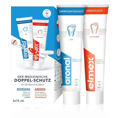 Zahnpasta aronal & elmex Mundhygiene-Set 2st (4 x 75 мл), Elmex + Aronal зубная паста набор для взрослых (Германия), 4 шт х 75 мл, двойная защита зубов и дёсен, с фтором и цинком, защита от кариеса и укрепление эмали