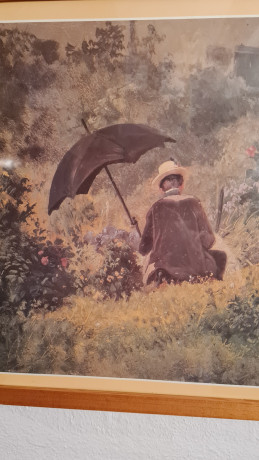 Картина винтажная Carl Spitzweg "Человек с зонтом в саду", 53 x 43 см, Германия, 1960-1970гг.
