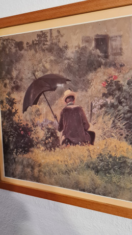 Картина винтажная Carl Spitzweg "Человек с зонтом в саду", 53 x 43 см, Германия, 1960-1970гг.