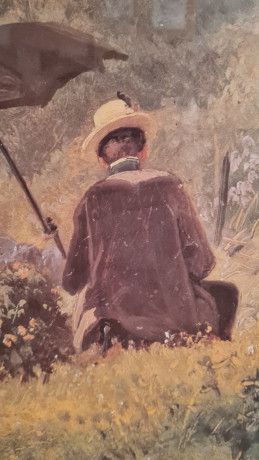 Картина винтажная Carl Spitzweg "Человек с зонтом в саду", 53 x 43 см, Германия, 1960-1970гг.