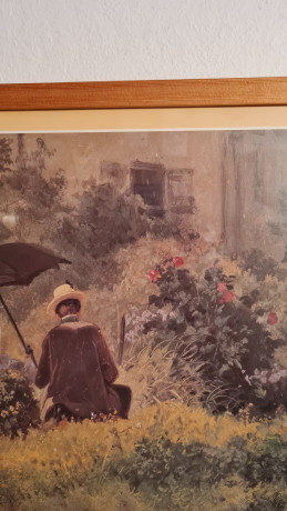 Картина винтажная Carl Spitzweg "Человек с зонтом в саду", 53 x 43 см, Германия, 1960-1970гг.