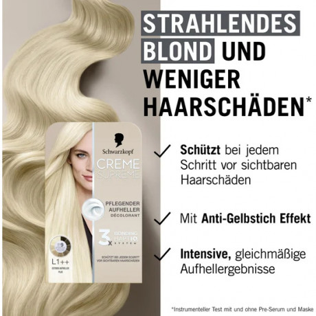 Schwarzkopf Creme Supreme Pflegender Aufheller L1++ Extrem Aufheller Plus, 1 St., Schwarzkopf Creme Supreme ухаживающий осветлитель для волос L1++ Экстремальное осветление Plus с эффектом против желтизны, 1 шт.