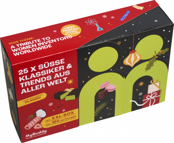 myBuddy Classic Adventskalender 2026, myBuddy Classic Адвент-календарь 2026 со сладостями из разных стран, историями и загадками, 25 сюрпризов