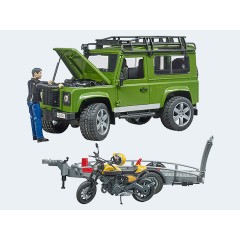 Bruder Land Rover Defender mit Anhanger Scrambler Ducati Full Trottle mit Fahrer Land Rover Defender с прицепом Scrambler Ducati Full Trottle с водителем