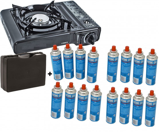 JUNG JUNG Gaskocher mobiler Campingkocher Gaskocher + 16 Kartuschen Gas, Autark verwendbar, (Gaskocher Notfall, Kartuschenkocher, Butangaskocher, praktischem Transportkoffer, erhitzen  aufwarmen Lebensmittel), mobiler Gaskocher, Outdoor geeignet Camping K