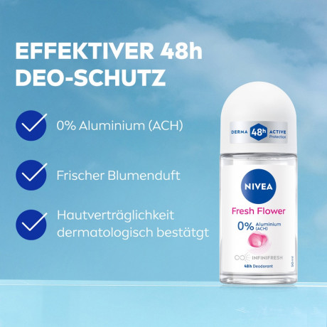 NIVEA Fresh Flower Deodorant Roll-On, 50 ml, Нивеа Дезодорант ролик, цветочный аромат, 0% алюминия, формула INFINIFRESH, 48ч защита, 50 мл