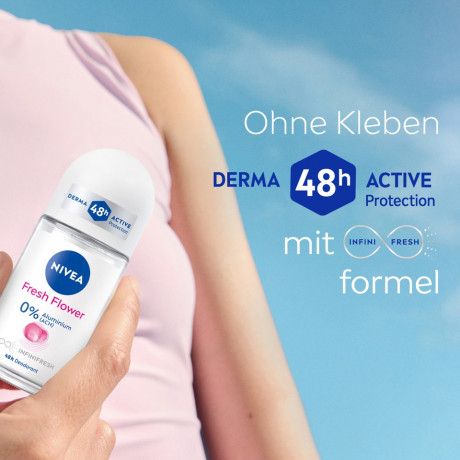 NIVEA Fresh Flower Deodorant Roll-On, 50 ml, Нивеа Дезодорант ролик, цветочный аромат, 0% алюминия, формула INFINIFRESH, 48ч защита, 50 мл