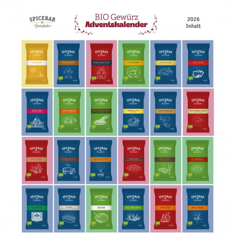 Spicebar Bio Gewuerz Adventskalender 2026, 24 Bio-Gewuerze und Mischungen, 266 g, Spicebar Органический адвент-календарь 2026 со специями, смесями, солью и сахаром, 24 сюрприза, 266 г