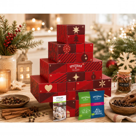 Spicebar Bio Gewuerz Adventskalender 2026, 24 Bio-Gewuerze und Mischungen, 266 g, Spicebar Органический адвент-календарь 2026 со специями, смесями, солью и сахаром, 24 сюрприза, 266 г