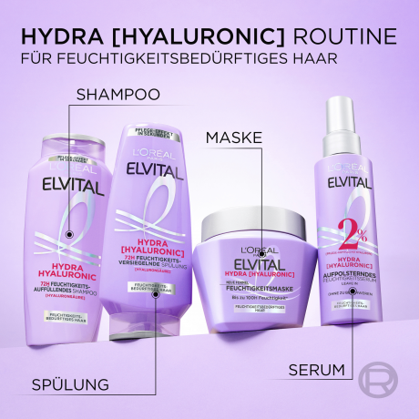 L'Oreal Paris Elvital Hydra Hyaluronic Feuchtigkeitsmaske, 300 ml, Увлажняющая маска с гиалуроновой кислотой для обезвоженных волос, до 100 часов увлажнения, 300 мл