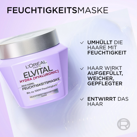 L'Oreal Paris Elvital Hydra Hyaluronic Feuchtigkeitsmaske, 300 ml, Увлажняющая маска с гиалуроновой кислотой для обезвоженных волос, до 100 часов увлажнения, 300 мл