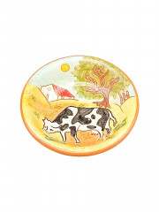 Тарелка декоративная винтажная Mamuel Voule Rocha Algawe Portugal &quot;Пасущаяся корова&quot; в пастельных тонах, в стиле наив, керамика, 12.5 см, Португалия, 1970-80гг.