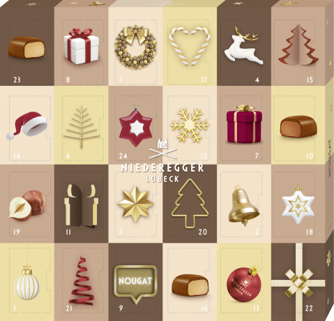 Niederegger Mini Nougat Adventskalender 2026, Niederegger Mini Nougat Настольный адвент-календарь 2026 с ореховой и сливочной нугой, 180 г, 24 конфеты