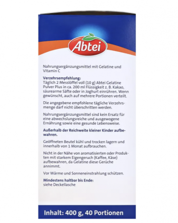 Abtei Gelatine Pulver + Vitamin C (40 Portionen), 400 g, Желатиновый порошок + витамин С (40 порций), 400 г