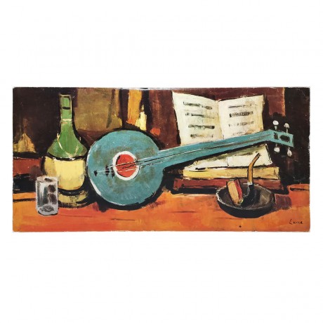 Italian Painting, Итальянская живопись Картина "Вечер музыканта", художник Lucca, холст масло, 41см х 20 см, Италия 1960-1970