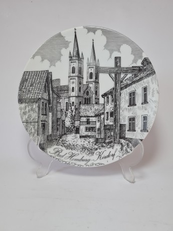 Тарелка декоративная винтажная Bareuther Bavaria с видами г. Кирдорф, Германия, 20 см, 1950-60гг.