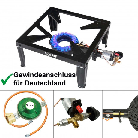 BlueCraft BlueCraft Gaskocher, (mit Piezozundung, Zundsicherung, inkl. Gasschlauch und Gasregler Druckminderer Gas), 10,5 kW 4 Fuss Hockerkocher Campingkocher Gasbrenner 4 Bein, Ideal fur das Zubereiten grosserer Mengen an Speisen Газовая плита BlueCraft