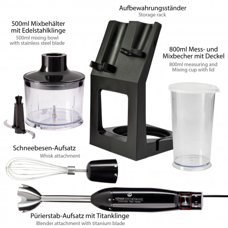 KeMar Kitchenware KeMar Kitchenware Stabmixer KSM-1000ES, 1000 W, Aufbewahrungstander enthalten, Titanbeschichtete Purierstabklinge  Ручной блендер KeMar Kitchenware KSM-1000ES, 1000 Вт, подставка для хранения в комплекте, очищающий стержень с титановым п