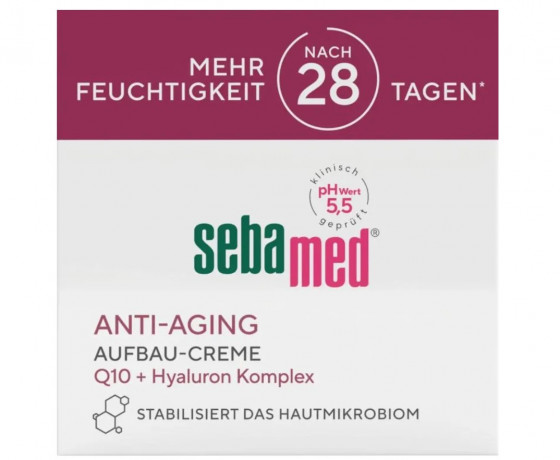 sebamed Anti-Aging Q10, Германия, крем для лица 50 мл, разглаживает морщины и повышает упругость кожи, с коэнзимом Q10 и гиалуроном, pH 5.5, для чувствительной кожи 30+