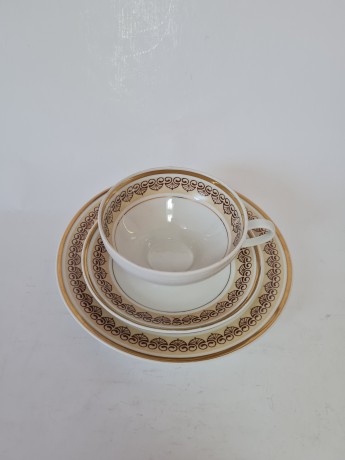 Чайное трио винтажное Weisswasser с коричневым орнаментом и позолотой, Германия, 1960-70гг.