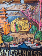 Резная разноцветная картина из дерева винтажная &quot;Сан-Франциско&quot; SNCO, 15,5 x 15,5 x 1,5 см, США, 1960-70гг.