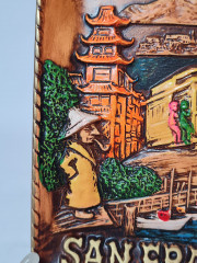 Резная разноцветная картина из дерева винтажная &quot;Сан-Франциско&quot; SNCO, 15,5 x 15,5 x 1,5 см, США, 1960-70гг.