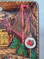 Резная разноцветная картина из дерева винтажная &quot;Сан-Франциско&quot; SNCO, 15,5 x 15,5 x 1,5 см, США, 1960-70гг.