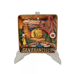 Резная разноцветная картина из дерева винтажная &quot;Сан-Франциско&quot; SNCO, 15,5 x 15,5 x 1,5 см, США, 1960-70гг.