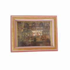 Картина винтажная &quot;Стена дома у реки&quot; Egon Schiele, деревянная рама, 22 x 17 см, Германия, 1960-70гг.
