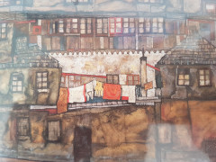 Картина винтажная &quot;Стена дома у реки&quot; Egon Schiele, деревянная рама, 22 x 17 см, Германия, 1960-70гг.