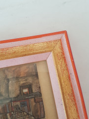 Картина винтажная &quot;Стена дома у реки&quot; Egon Schiele, деревянная рама, 22 x 17 см, Германия, 1960-70гг.