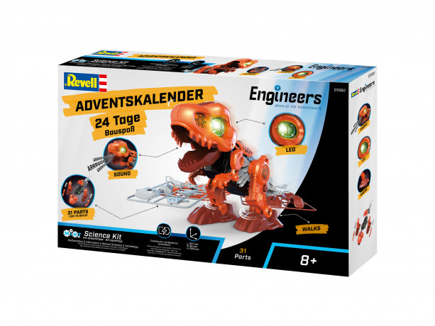 Revell 01060 Adventskalender 2026 Engineers Electric T.Rex, 24 Bauetappen, Revell Engineers Electric T.Rex Адвент-календарь 2026 с моделью электрического тираннозавра, 24 этапа сборки