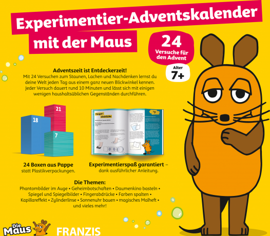 Franzis Die Maus Experimentier-Adventskalender 2026, Franzis Die Maus Детский экспериментальный адвент-календарь 2026 с 24 опытами и книгой, от 7 лет