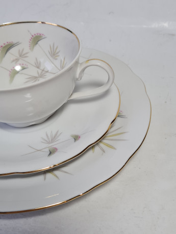 Чайное трио винтажное Bareuther Bavaria с зеленым ботаническим декором, фарфор, Германия, 1970-80гг.