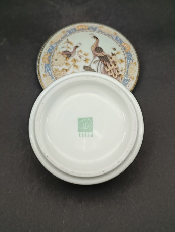 Шкатулка винтажная Tilia "Павлин", в коричнево-голубых тонах, фарфор, 10 х 5 см, Германия, 1960-70гг.