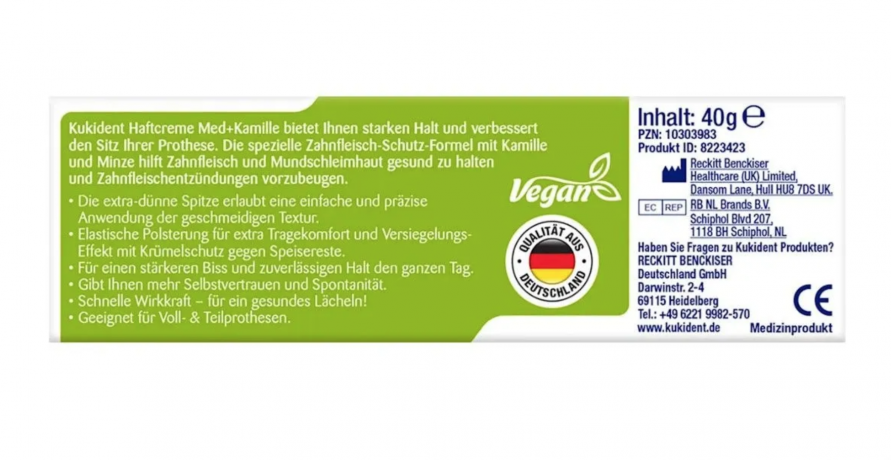 Kukident Haftcreme Med + Kamille 40g,  Крем для фиксации зубных протезов, сильная фиксация до 12 часов, защита десен, с ромашкой и мятой, 40 г