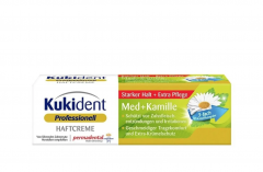 Kukident Haftcreme Med + Kamille 40g,  Крем для фиксации зубных протезов, сильная фиксация до 12 часов, защита десен, с ромашкой и мятой, 40 г