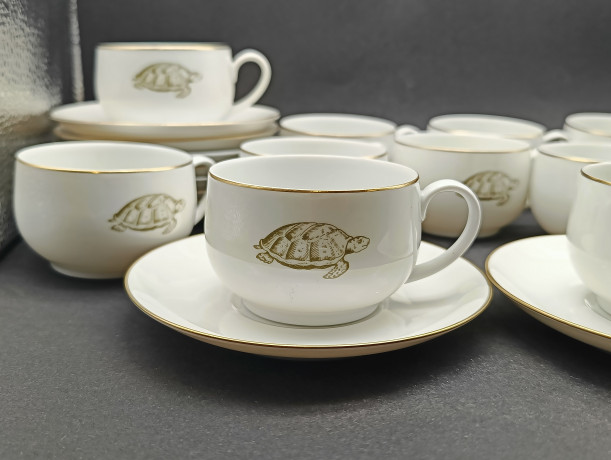Набор для чая, чайные пары винтажные, P.T. / Tirschenreuth Bavaria "Черепашка", фарфор, чашка - 12 шт., блюдце - 9 шт., Германия, 1970-80гг.