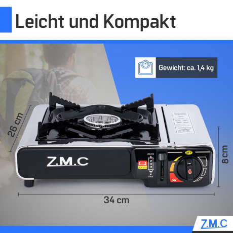 ZMC ZMC Gaskocher Edelstahl Gaskocher 1-flammig + Aufbewahrungskoffer + 24 Gaskartuschen, (Butangas Campingkocher fur Innenraum/Outdoor, Campinggaskocher 2,2 kW mit Piezozundung), Kochfeld Herd Gaskocher mit Kartusche, Gaskochfeld fur Camping  Газовая пли